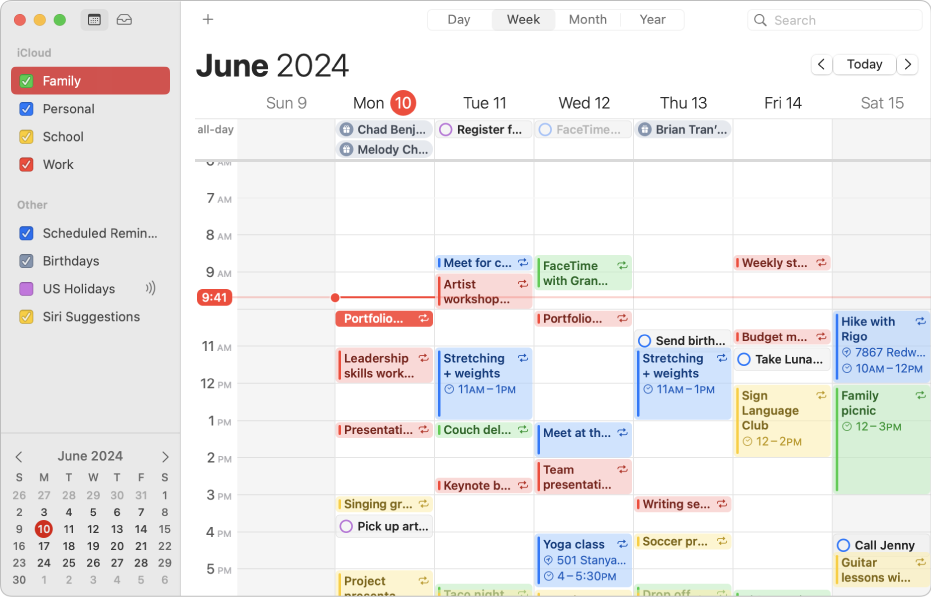 A Calendar window in Month view showing colour-coded personal, work, family and school calendars in the sidebar under the iCloud account heading.