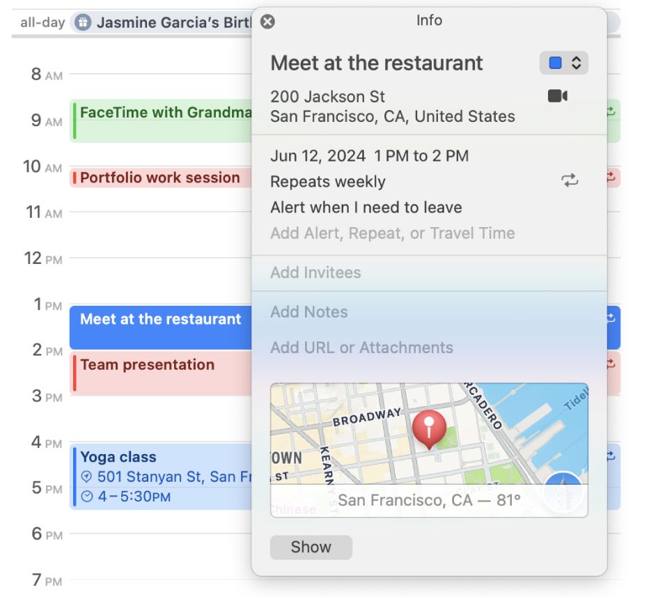 The info window in the Calendar app, showing details for an event including the address, date, and a map, along with sections for adding notes, URLs, and attachments.