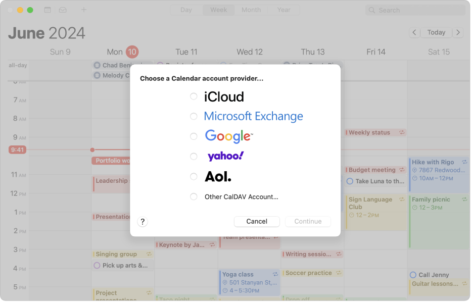 A Calendar window showing the account dialog.