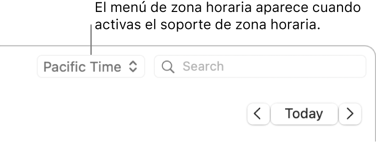 El menú de zona horaria aparece a la izquierda del campo de búsqueda cuando activas el soporte para zonas horarias