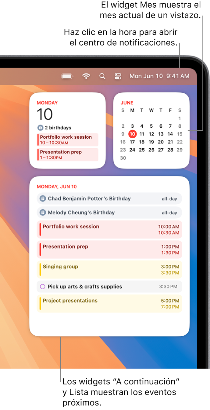 Tres widgets de Calendario, el widget “A continuación” y el widget Lista muestran los eventos próximos del día actual, y el widget Mes muestra los eventos del mes actual. Haz clic en la fecha y la hora en la barra de menús para abrir el centro de notificaciones y personalizar widgets.