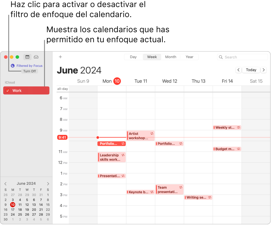 Una ventana de Calendario con la visualización por semana mostrando sólo el calendario laboral en la barra lateral después de activar el enfoque Trabajo.