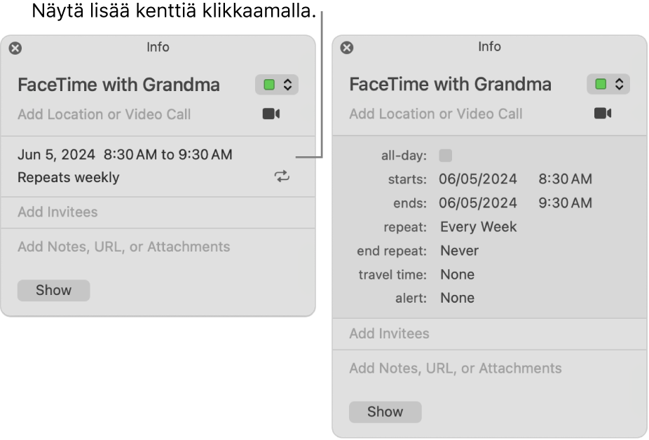 Vasemmalla tapahtuman Tiedot-ikkuna, jossa on yksityiskohdat kätkettynä, ja oikealla saman tapahtuman Tiedot-ikkuna, jossa näkyy kestotiedot.