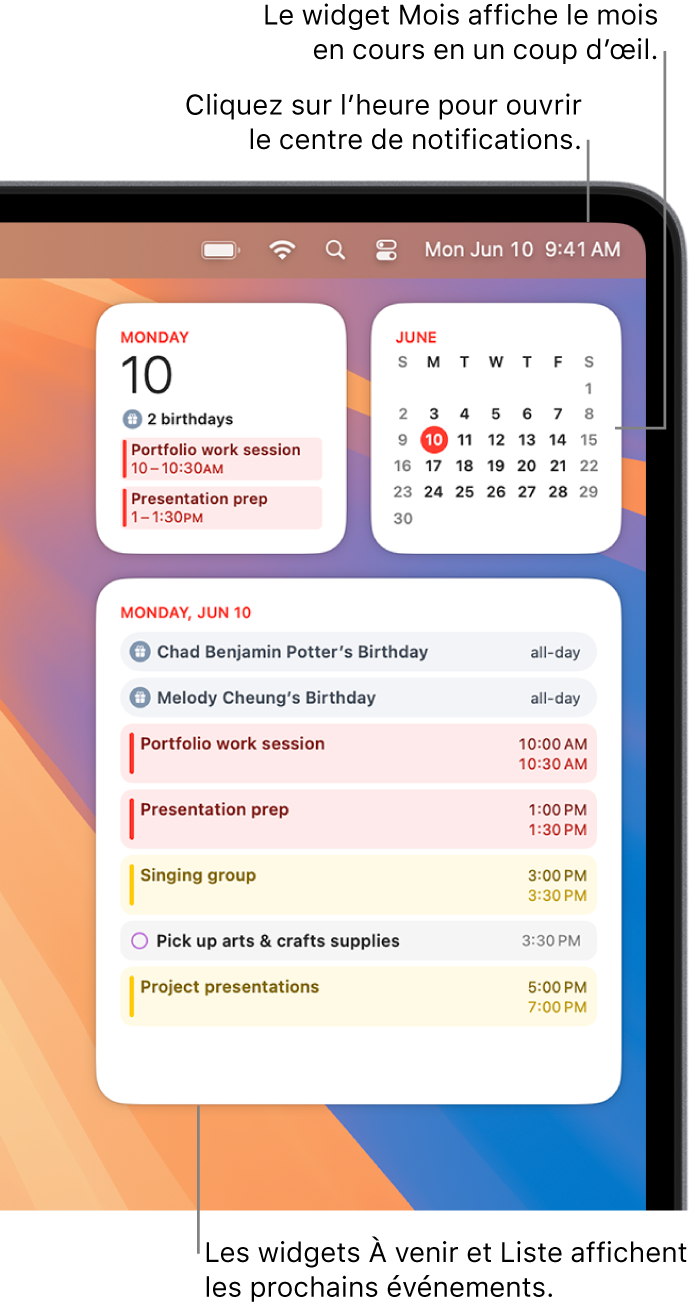 Trois widgets Calendrier : un widget À venir et un widget Liste qui affichent les événements à venir pour la journée en cours, et un widget Mois qui affiche le mois en cours. Cliquez sur la date et l’heure dans la barre des menus pour ouvrir le centre de notifications et personnaliser les widgets.