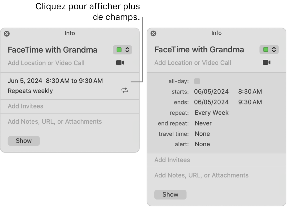 L’image sur la gauche montre une fenêtre d’informations condensée pour un évènement. Sur la droite, la fenêtre d’information pour ce même évènement est développée et contient des champs supplémentaires, tels que l’heure de début, l’heure de fin, la récurrence et la durée de trajet.