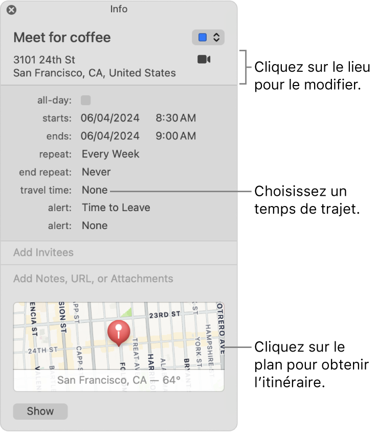 Fenêtre d’informations d’un évènement, avec le pointeur sur le menu local Temps de trajet Cliquez sur le lieu pour le modifier. Choisissez une durée de trajet dans le menu local. Cliquez sur le plan pour obtenir l’itinéraire.