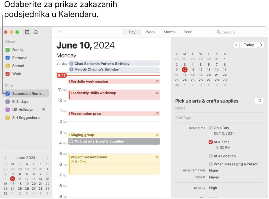 Prozor aplikacije Kalendar u dnevnom prikazu s prikazom popisa kalendara i odabranom kućicom Zakazani podsjetnici. Dnevni raspored prikazuje događaje i zakazani podsjetnik s otvorenim prozorom za dodavanje podsjetnika u područje s desne strane.