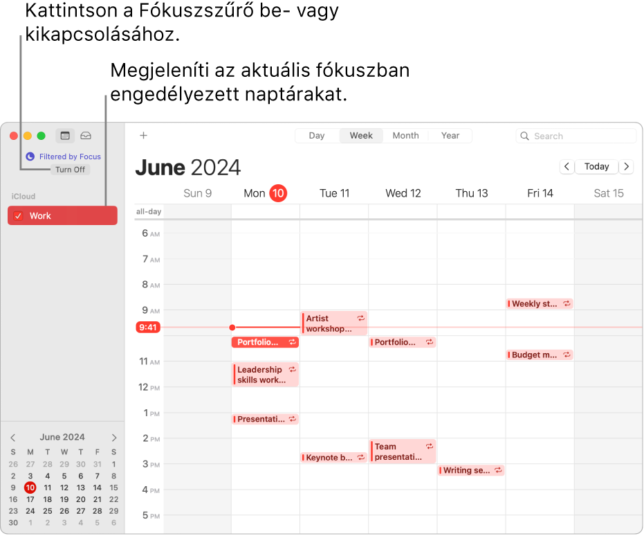 A Naptár ablaka heti nézetben, ahol az oldalsávon kizárólag a Munka nevű naptár jelenik meg, miután a „Munka” Fókusz be lett kapcsolva.
