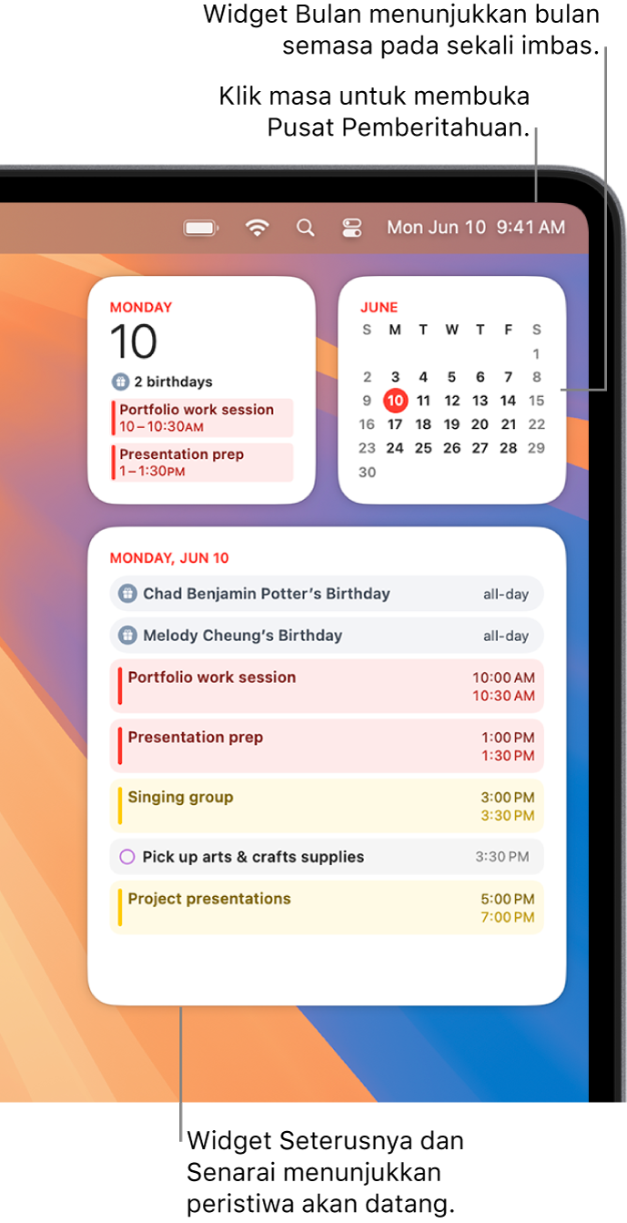 Tiga widget Kalendar—widget Seterusnya dan widget Senarai menunjukkan peristiwa akan datang untuk hari semasa dan widget Bulan menunjukkan bulan semasa. Klik tarikh dan masa dalam bar menu untuk membuka Pusat Pemberitahuan dan menyesuaikan widget.