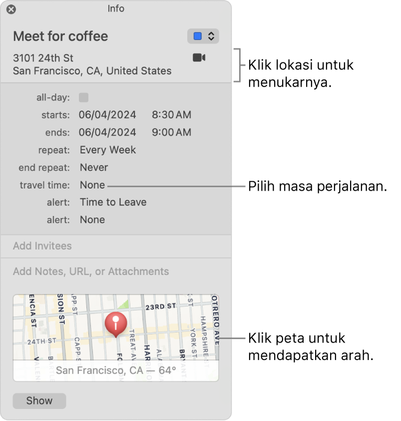 Tetingkap maklumat untuk peristiwa, dengan penuding di atas menu timbul Masa Perjalanan. Klik lokasi untuk mengubahnya. Pilih masa perjalanan dari menu timbul. Klik peta untuk mendapatkan arah.