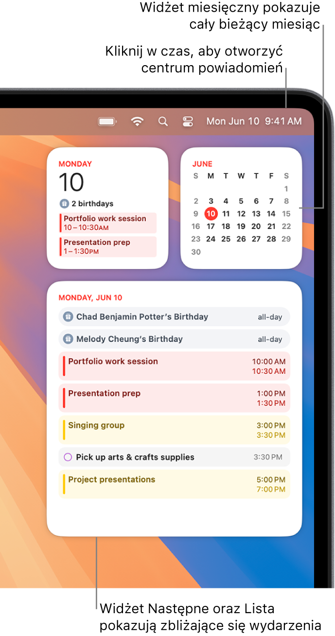 Trzy widżety Kalendarza — widżet Następne oraz Lista, pokazujące nadchodzące się wydarzenia bieżącego dnia, oraz widżet Miesiąc, pokazujący bieżący miesiąc. Kliknij w datę i godzinę na pasku menu, aby otworzyć centrum powiadomień i dostosować widżety.