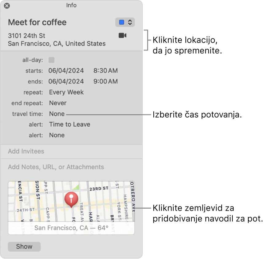 Okno z informacijami za dogodek s kazalnikom nad pojavnim menijem Čas potovanja. Kliknite lokacijo, da jo spremenite. Izberite čas potovanja iz pojavnega menija. Kliknite zemljevid, da pridobite navodila za pot.