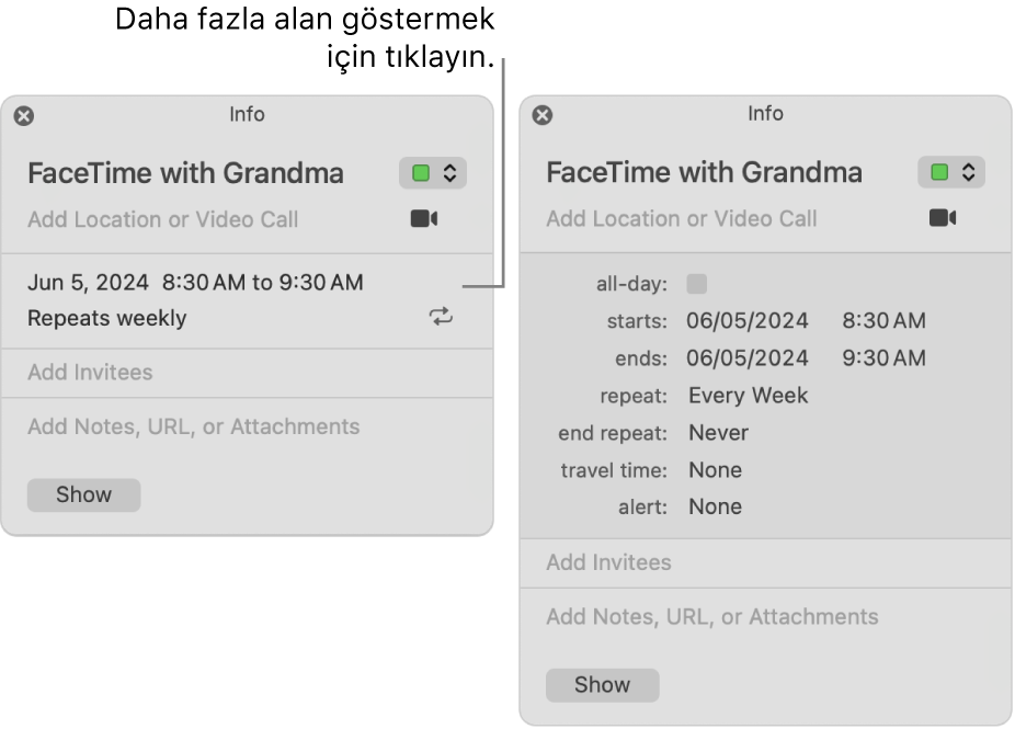 Ayrıntıları gizlenmiş bir etkinliği gösteren bilgi penceresi (solda) ve aynı etkinliğin süre ayrıntılarını gösteren bilgi penceresi (sağda).