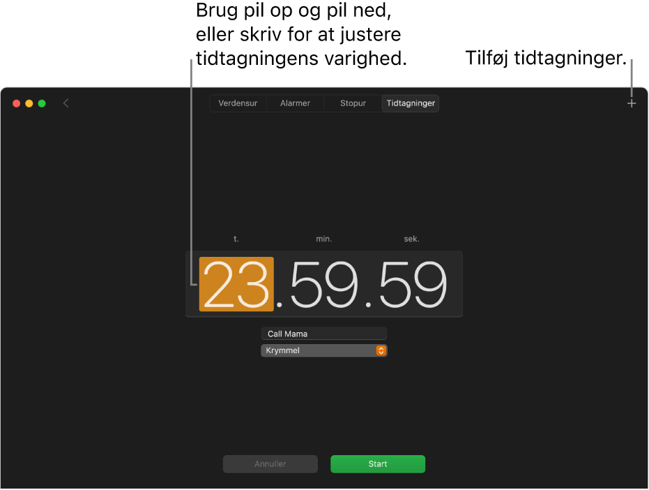 Vinduet Tidtagninger i appen Ur, der viser en tid i timer, minutter og sekunder.