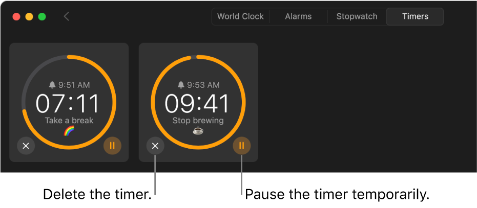 Two timers running in the Clock window. Each timer is labelled with the time it will end, how much time is left, and the label surrounded by a yellow arc on a grey circle. The arc indicates what portion of the timer is left. Buttons to remove or pause each timer appear below the circles.