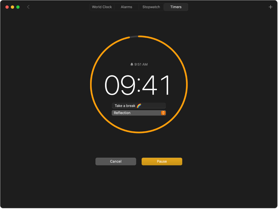 The Timers pane of the Clock app, showing a 10-minute timer in progress, with a custom label and sound.