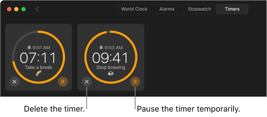 Two timers running in the Clock window. Each timer is labeled with the time it will end, how much time is left, and the label surrounded by a yellow arc on a gray circle. The arc indicates what portion of the timer is left. Buttons to remove or pause each timer appear below the circles.