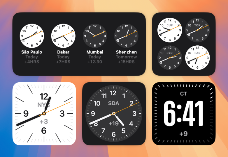 Multiple Clock widgets on the desktop showing the current time in various cities worldwide.