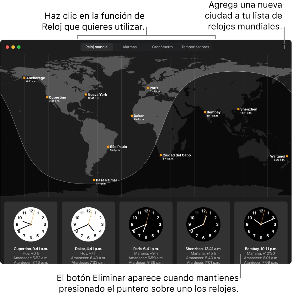 El panel Reloj mundial de la app Reloj mostrando la hora local y la hora de salida y puesta del sol en varias ciudades del mundo. Las pestañas en la parte superior de la ventana de la app Reloj abren otras funciones. En el área superior derecha está el botón Agregar para agregar una ciudad.