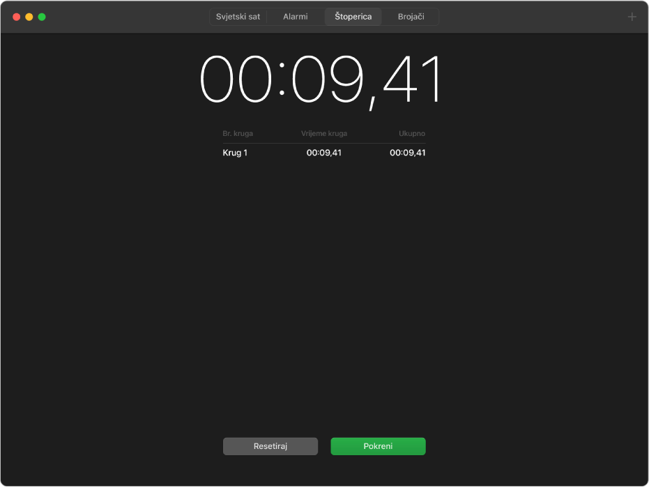 U prozoru štoperice unutar aplikacije Sat prikazuje se brojač koji je pauziran nakon jednog kruga.
