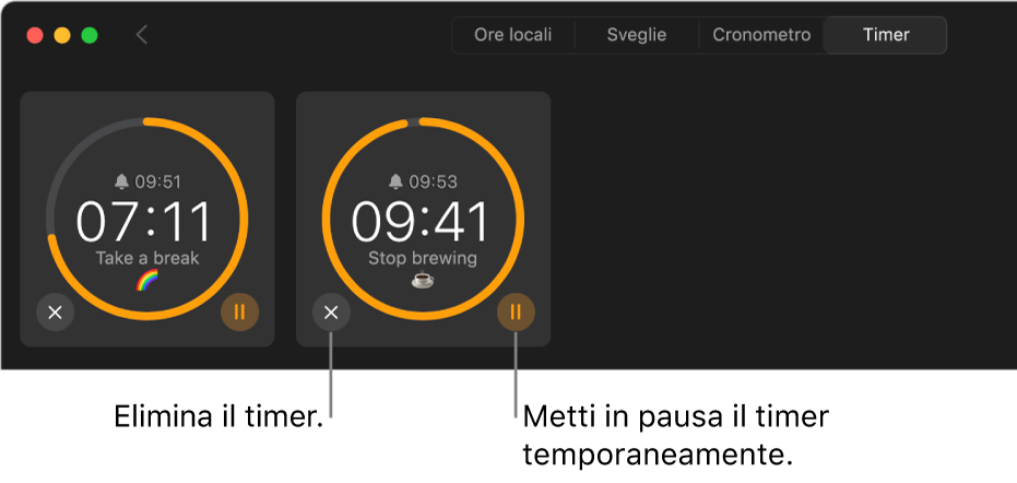 Due timer in esecuzione nella finestra di Orologio. In ciascun timer viene mostrato l’orario in cui terminerà, il tempo rimanente e queste due etichette sono circondate da un arco giallo su un cerchio grigio. L’arco indica la quantità di tempo rimanente. I pulsanti per rimuovere o mettere in pausa ciascun timer vengono mostrati sotto i cerchi.