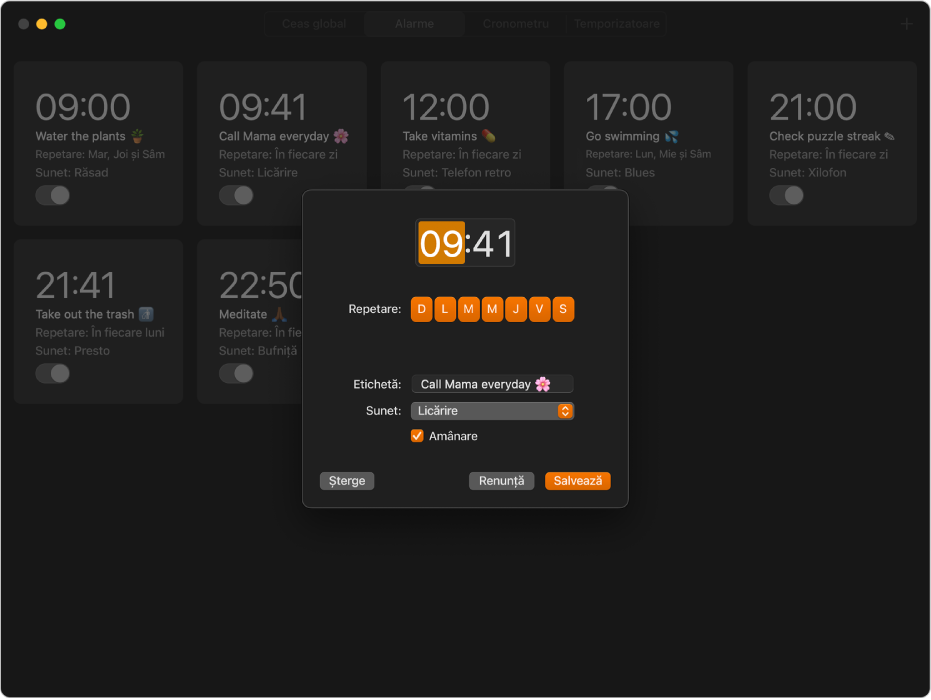 Panoul Alarme din aplicația Ceas, afișând mai multe alarme. În fața panoului este deschis un meniu pop‑up, în care se configurează o alarmă nouă.