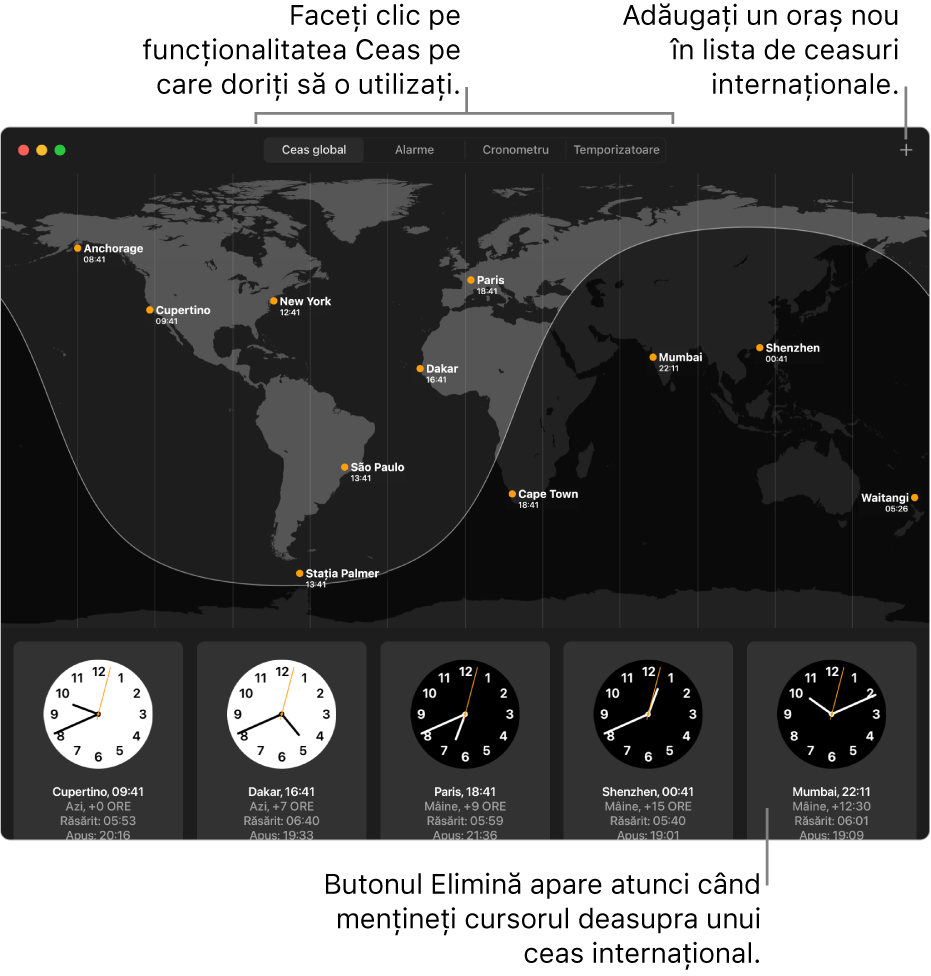 Panoul Ceas global din aplicația Ceas, afișând ora locală, răsăritul și apusul în diverse orașe din întreaga lume. Filele din partea de sus a ferestrei Ceas oferă acces la alte funcționalități. Există un buton Adaugă în colțul din dreapta sus pentru a adăuga un oraș.