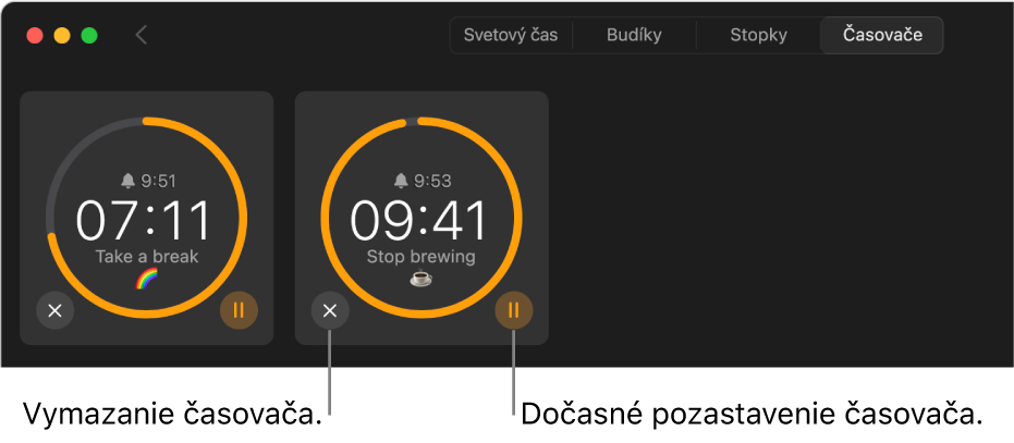 V apke Hodiny sú spustené dva časovače. Každý časovač uvádza čas, kedy skončí, množstvo zostávajúceho času a obklopuje ho žltý oblúk na sivom kruhu. Obúk indikuje, aký úsek času ešte zostáva. Pod kruhmi sa zobrazujú tlačidlá na odstránenie alebo pozastavenie jednotlivých časovačov.