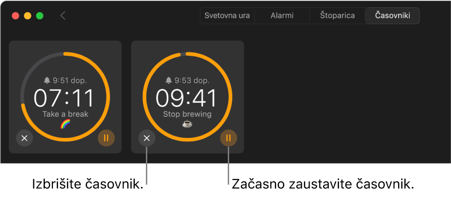 V oknu Ure tečeta dva časovnika. Vsak časovnik je označen s časom, ko se bo iztekel, koliko časa je še, oznaka pa je obkrožena z rumenim lokom na sivem krogu. Lok označuje, kolikšen del časovnika še preostaja. Gumba za odstranitev ali začasno ustavitev vsakega časovnika sta prikazana pod krogoma.