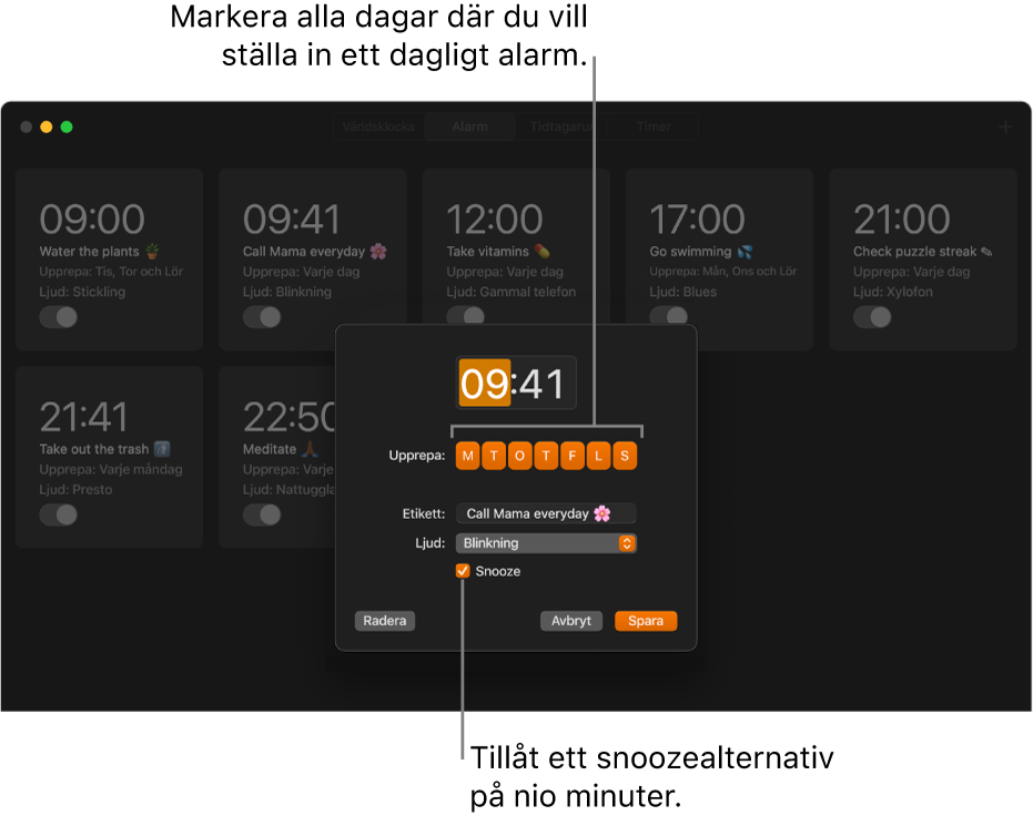 Popupfönstret för att ställa in ett alarm i appen Klocka.