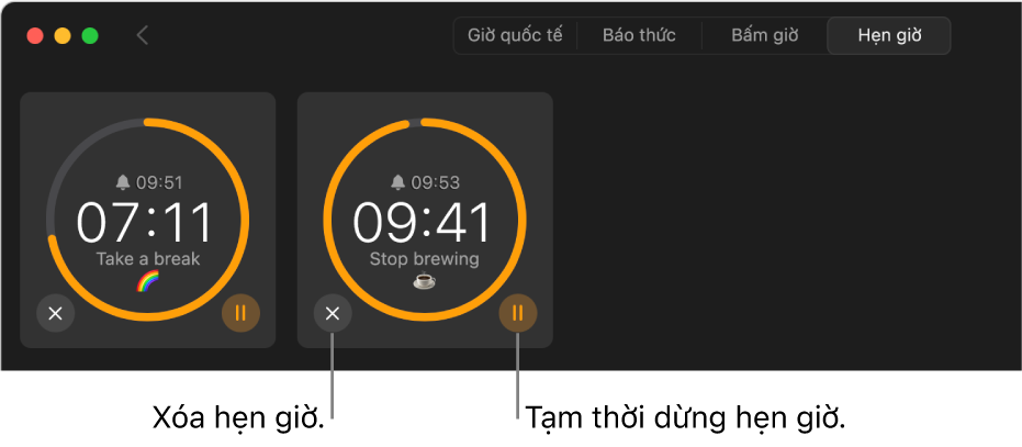 Hai hẹn giờ đang chạy trong cửa sổ Đồng hồ. Mỗi hẹn giờ được gắn nhãn với thời gian mà hẹn giờ sẽ kết thúc, khoảng thời gian còn lại, cũng như nhãn được bao quanh bởi một hình cung màu vàng trên một vòng tròn màu xám. Hình cung chỉ báo khoảng thời gian còn lại của hẹn giờ. Các nút để xóa hoặc tạm dừng mỗi hẹn giờ xuất hiện bên dưới các vòng tròn.