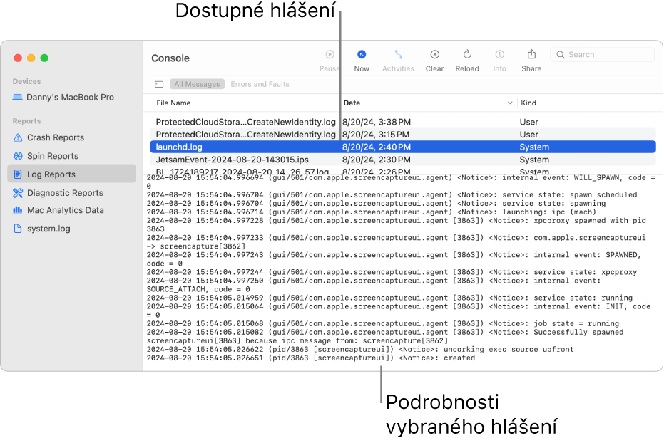 Okno Konzoly, v němž jsou na bočním panelu zobrazeny kategorie zpráv, nahoře a napravo od bočního panelu jsou zobrazeny zprávy a dole jejich podrobnosti.