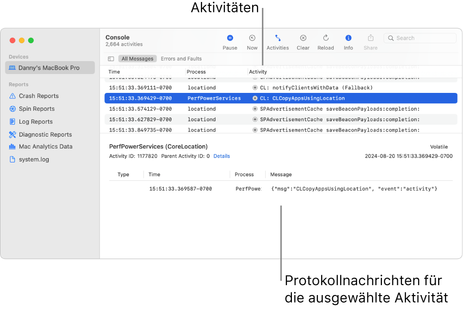 Im Fenster „Konsole“ werden oben die Aktivitäten und unten die zugehörigen Protokollmeldungen angezeigt.