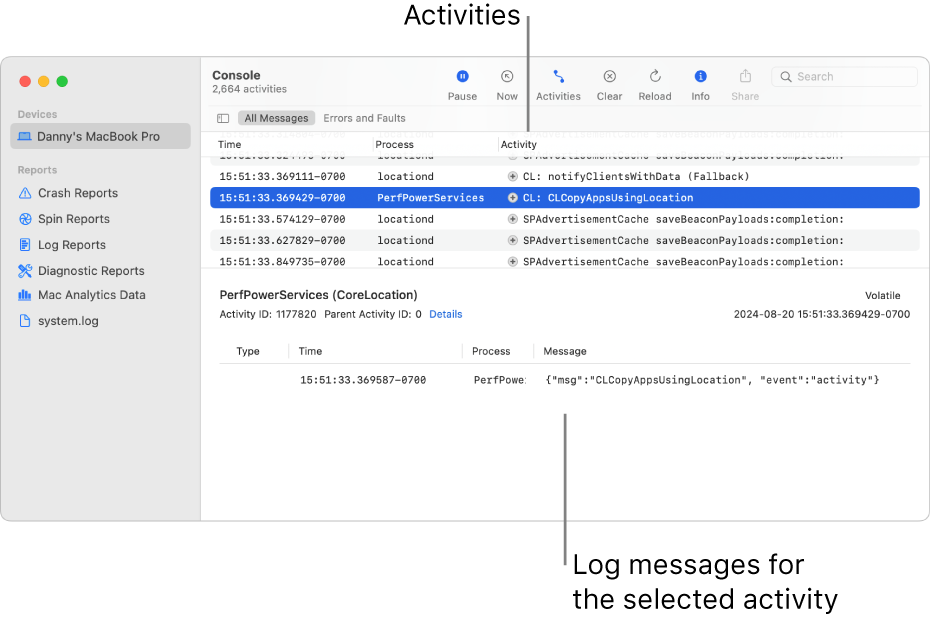 The Console window showing activities on the top and log messages for the selected activity on the bottom.