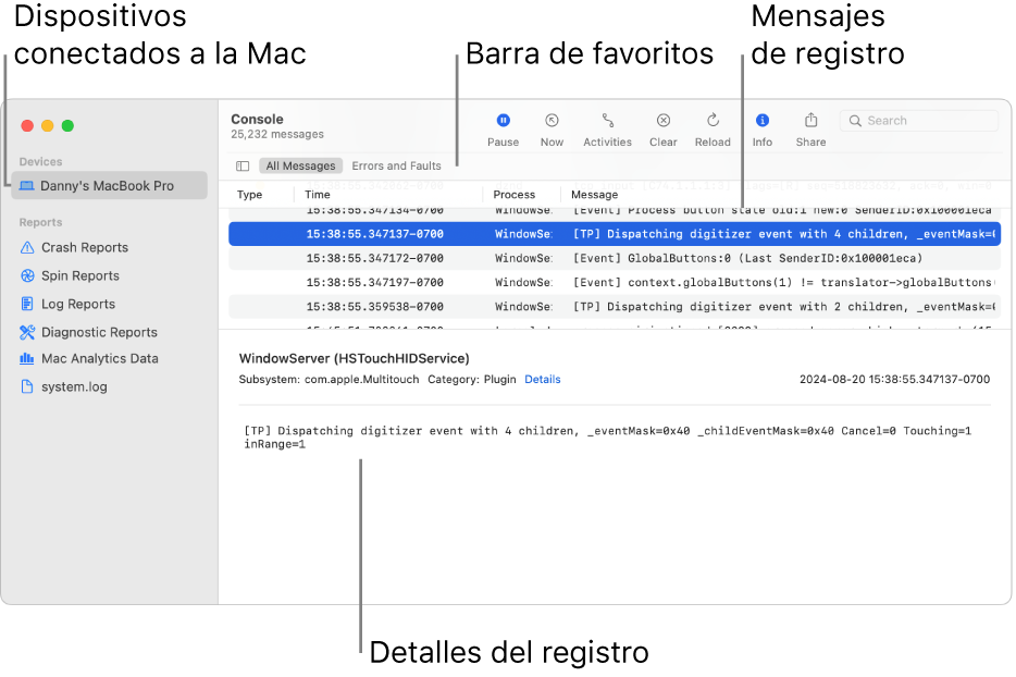 Ventana de Consola mostrando dispositivos conectados a la Mac en la izquierda, mensajes de registro a la derecha, y detalles de los registros en la parte inferior; también hay una barra de favoritos mostrando las búsquedas guardadas.