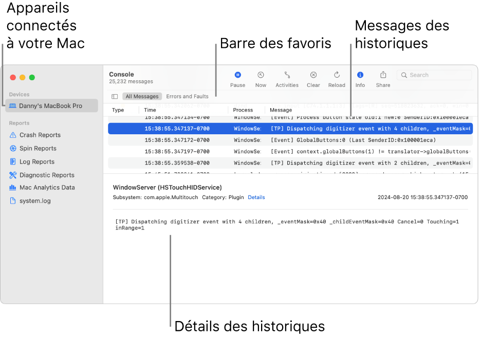 La fenêtre de Console affichant les appareils connectés à votre Mac sur la gauche, les messages d’historique sur la droite et les détails d’historique en bas, ainsi que la barre des favoris montrant vos recherches enregistrées.