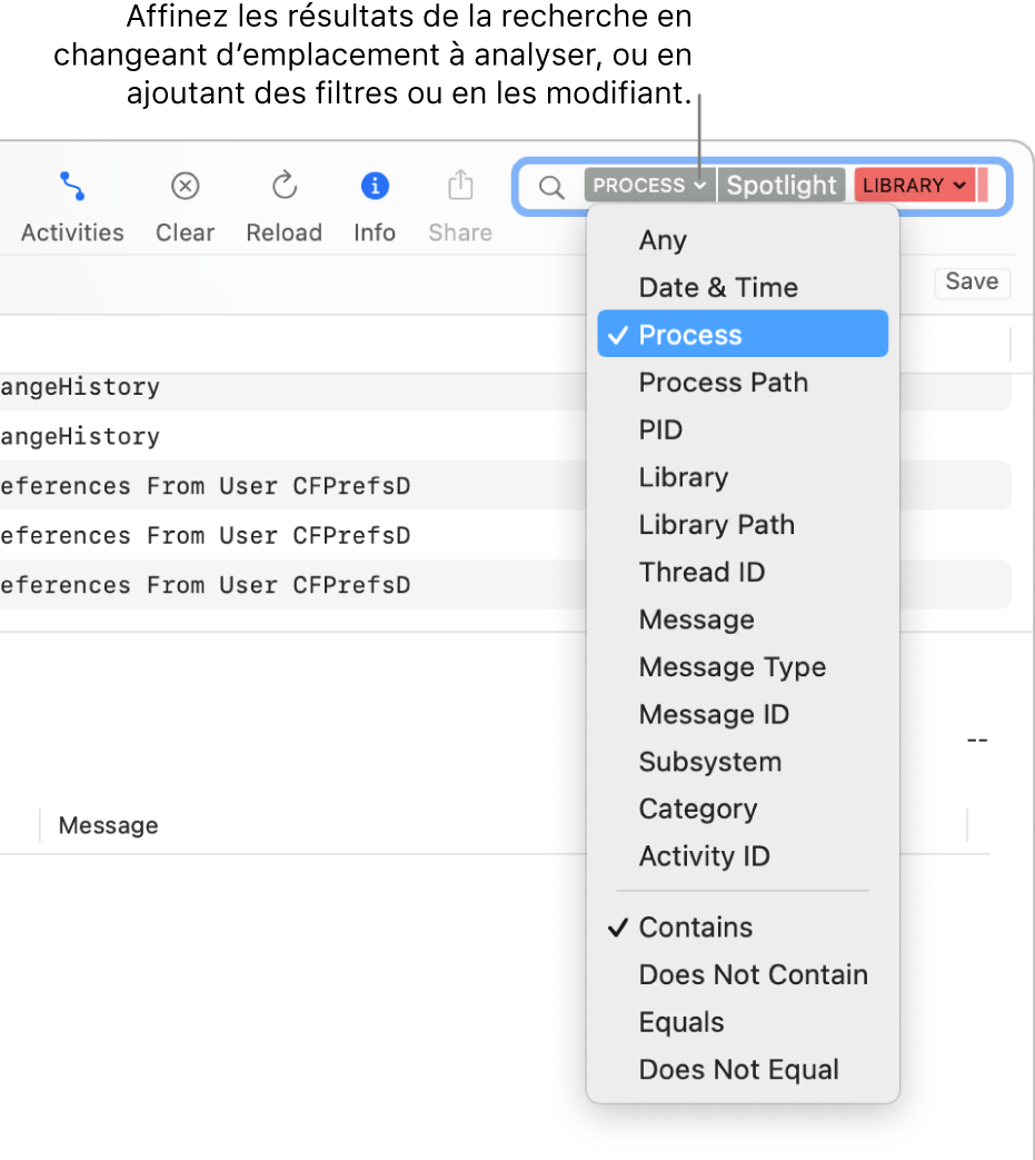 Le champ de recherche en haut de la fenêtre Console, avec deux filtres de recherche dans le champ et un menu sous l’un d’entre eux. Vous pouvez affiner les résultats de la recherche en changeant le filtre, en ajoutant plusieurs filtres ou en affinant le filtre.