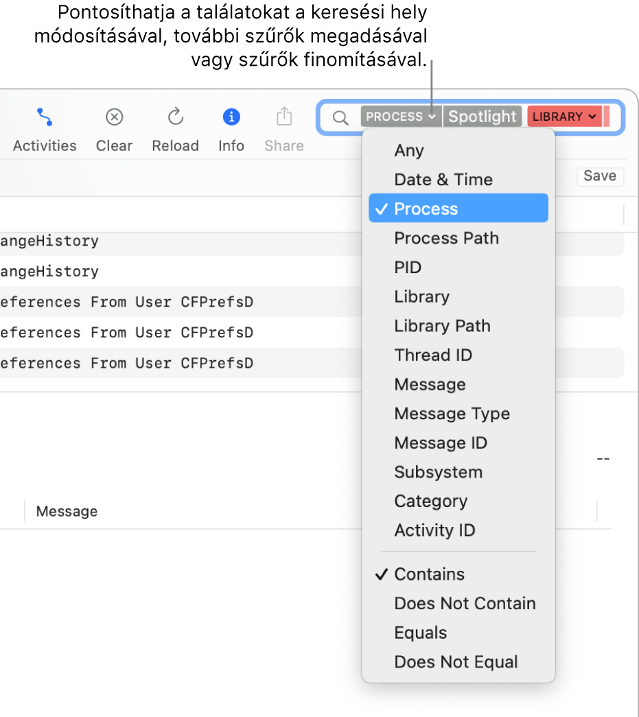 A keresőmező a Konzol ablak tetején, a mezőben két keresési szűrővel és az egyik alatt egy menüvel. A keresési eredményeket finomíthatja a szűrő módosításával, több szűrő megadásával, illetve a szűrő finomításával.