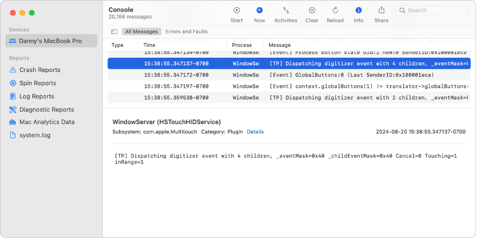 Jendela Konsol dengan pesan log dipilih dan detail di panel bawah.