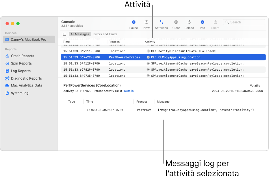 La finestra di Console con le attività nella parte superiore e i messaggi log per l’attività nella parte inferiore.