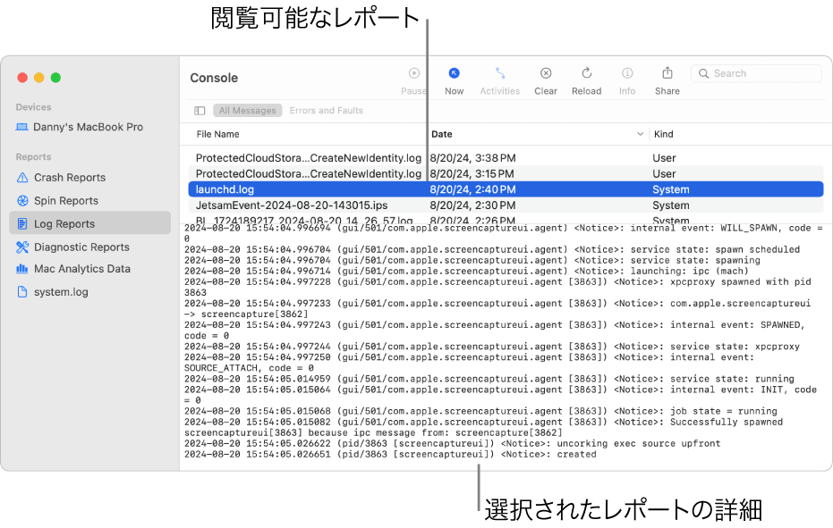 「コンソール」ウインドウ。サイドバーにレポートカテゴリ、上部およびサイドバーの右側にレポート、下にレポートの詳細が表示されています。