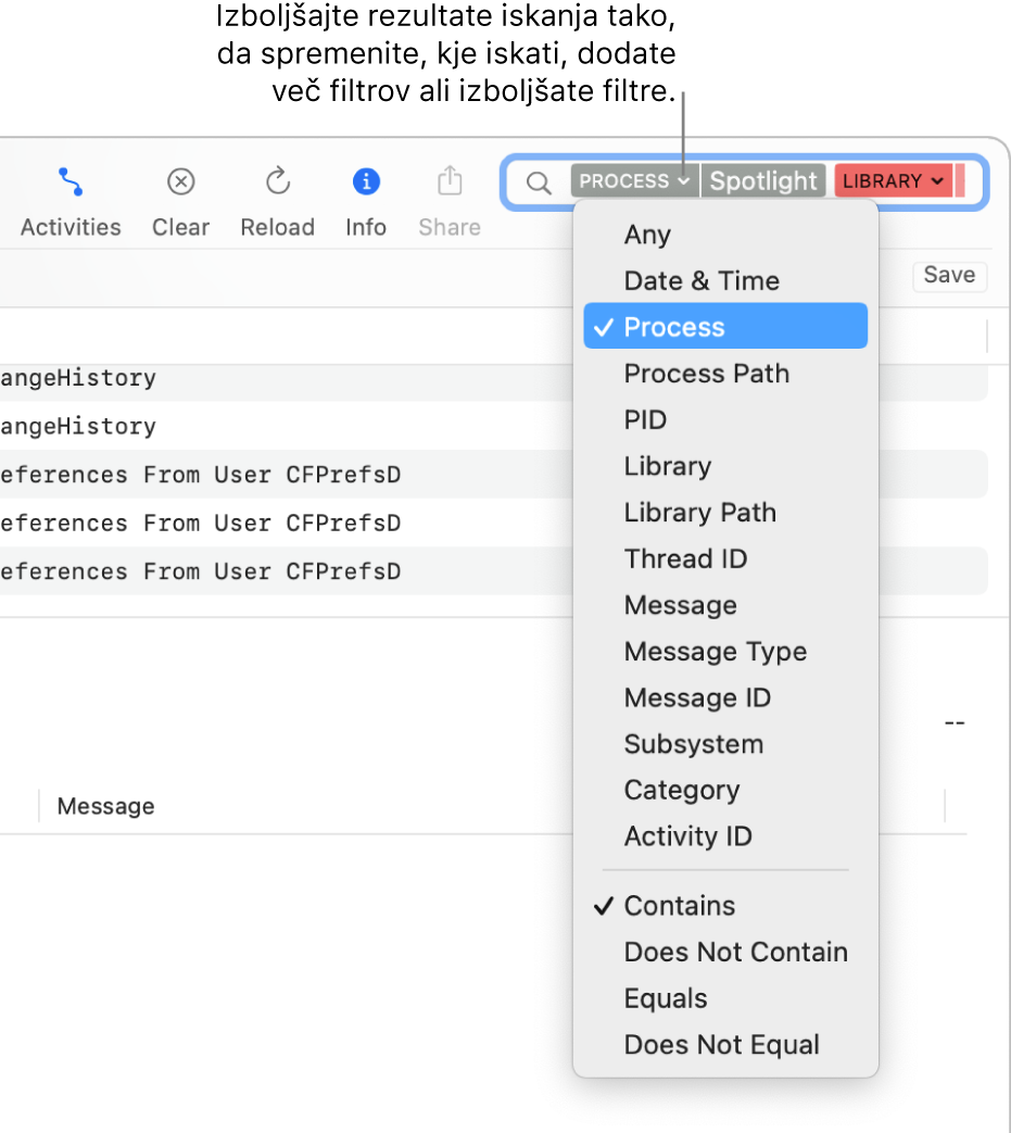Iskalno polje na vrhu okna Konzole z dvema filtroma iskanja v polju in menijem pod enim od njiju. Rezultate iskanja lahko podrobneje opredelite tako, da spremenite filter, dodate več filtrov ali podrobneje opredelite filter.