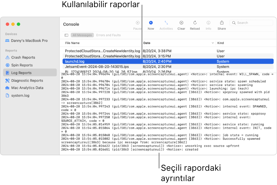 Kenar çubuğunda rapor kategorilerini, kenar çubuğunun üstünde ve sağında raporları ve aşağıda rapor ayrıntılarını gösteren Konsol penceresi.