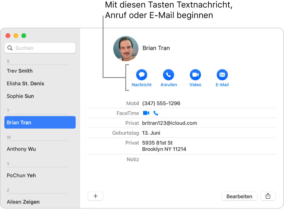 Eine Kontaktkarte mit den Tasten unter dem Namen des Kontakts Du kannst diese Tasten verwenden; um eine Textnachricht zu schreiben oder einen Telefon-, Audio- oder Videoanruf zu tätigen oder eine E-Mail zu schreiben.