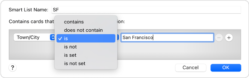 The Smart List dialogue showing a list named SF and a condition with three criteria.