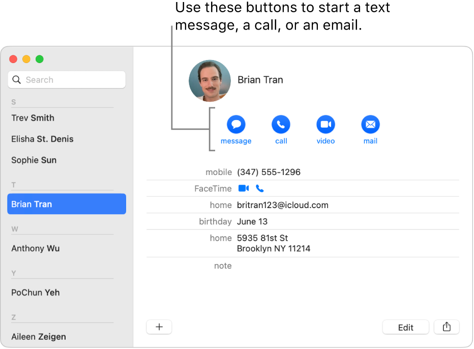 A contact card showing the buttons located below the contact’s name. You can use these buttons to start a text message; a phone, audio, or video call; or an email.