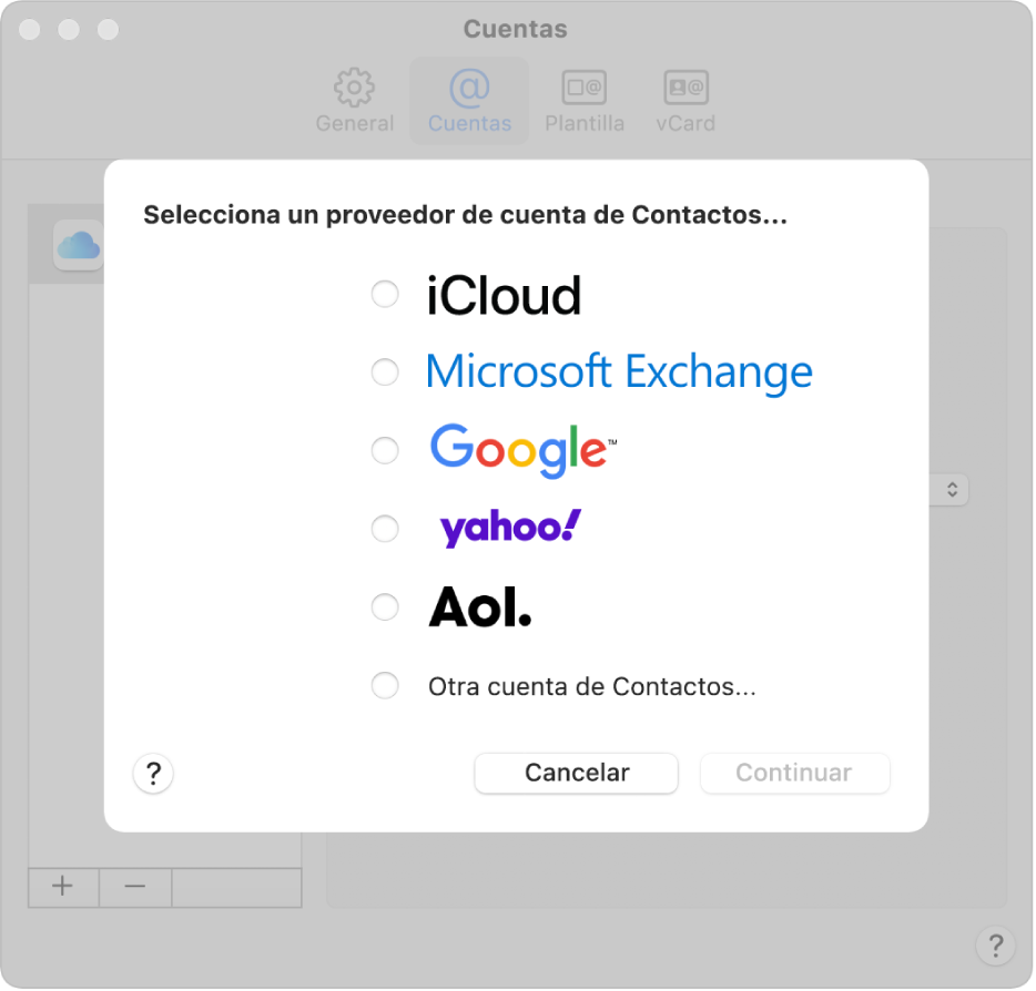 La ventana para agregar cuentas de Internet a la app Contactos.