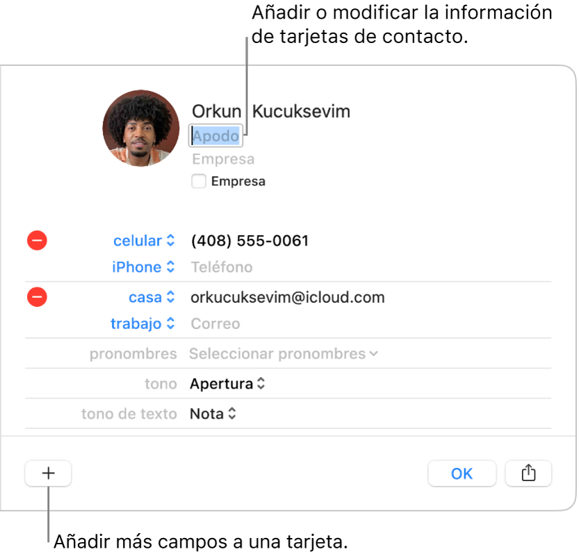 Una tarjeta de contacto mostrando el campo alias debajo del nombre del contacto y un botón en la parte inferior de la ventana para agregar más campos a la tarjeta.