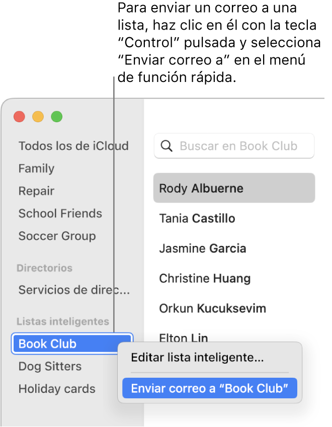 La barra lateral de Contactos que muestra el comando del menú desplegable para enviar un correo electrónico a la lista seleccionada.