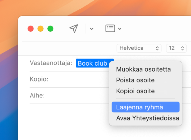 Mailissa sähköposti, jonka Vastaanottaja-kentässä näkyy lista, ja ponnahdusvalikossa näkyy valittuna Laajenna ryhmä -komento.